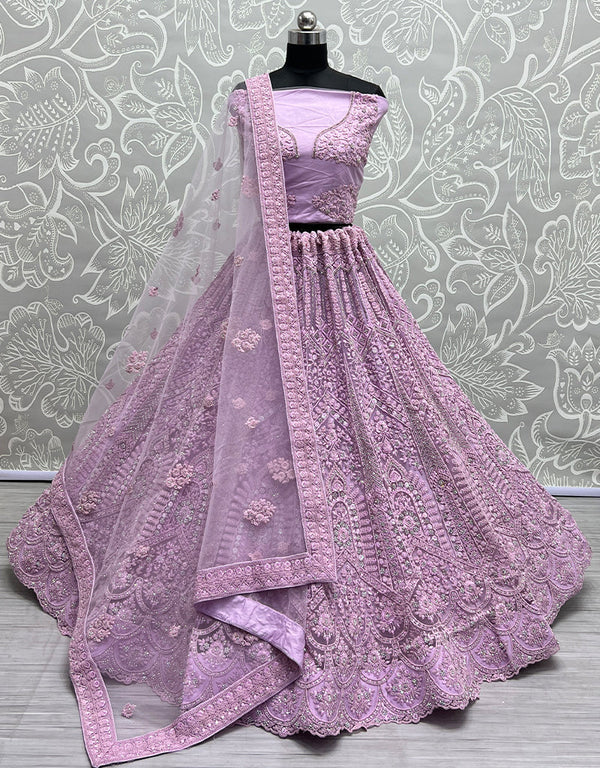 Heavy Designer Wedding Wear Bride Lehenga Choli Purple Net Lehenga Choli Front View